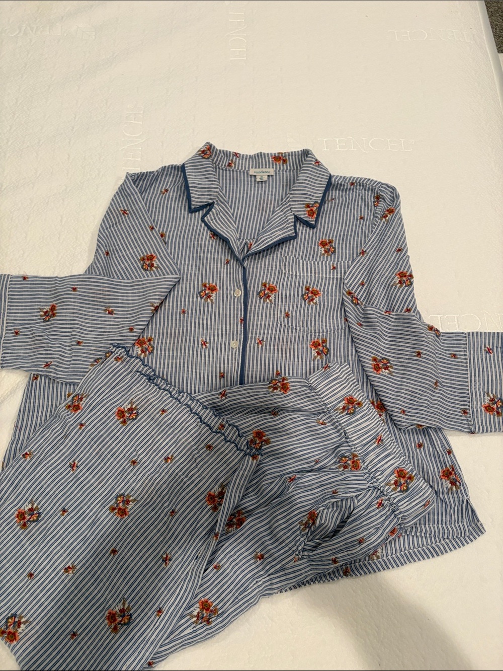 Sundance Embroidered Blue Stripe Pajama Set Cotton Blend XL